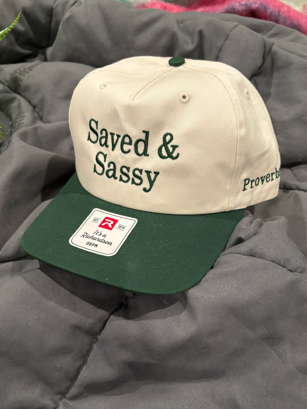 Saved & Sassy Embroidered Baseball Cap - Cream & Dark Green